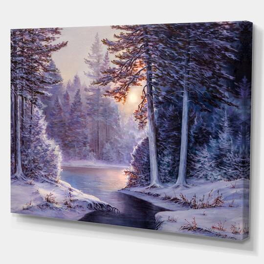 Designart - Winter Forest with the River in Frosty Day